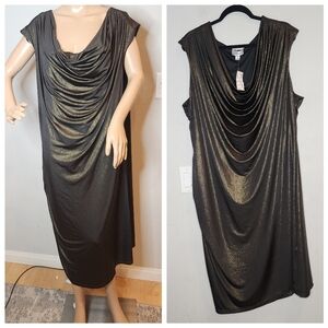 NWT Avenue Gold Metallic Black Stretchy Sleeveless Drape Neck Dress Sz 26/28 4X